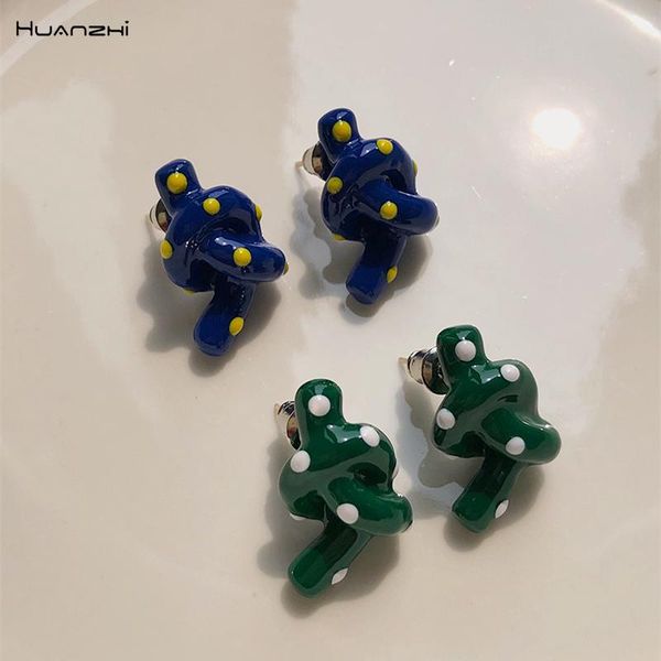 

stud huanzhi 2021 s925 dripping oil wave dot earrings simple geometric irregular knotted enamel for women girls jewelry, Golden;silver