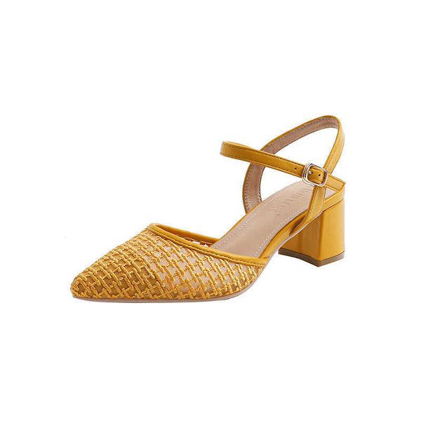 

summer women's pointed sandals thick heel women pumps point toe ladies dress shoes with one line fashion shoes 210611, Black