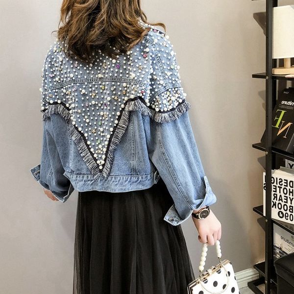 

2021 summer new long-sleeved bead design trend ladies denim coat short paragraph wild retro small jacket jacket tide qv139, Black;brown