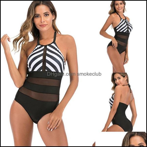 Ternos de Natação Esportes Esportes Ao Ar Livre Sexy Black Malha Stripe One Peça Swimwear Mulheres Swimsuit Plus Size Trukini Terno Monokin