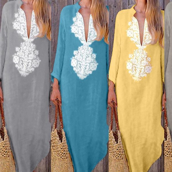 

women printed maxi dress long sleeve casual brief daily boho long dress linen daily vneck holiday elegant dresses robe longue 5s, Black;gray