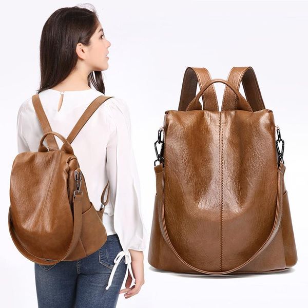 

outdoor bags women leather solid color backpacks anti theft teenager schoolbags student daypacks casual shoulder mochila