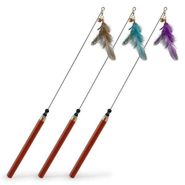 

cat toys interactive teaser wand toy wooden round handle steel string feather replacement with bell