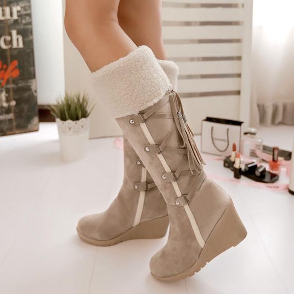 

boots 2021 winter knee high women wedge heels plush wool warm fashion long female round toe shoes ladies, Black