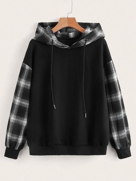 

plaid print drop shoulder drawstring hoodie o2ye#, White;black