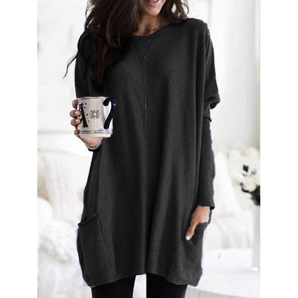 

women's t-shirt fashion for women pocket autumn winter casual loose solid pullover o neck full sleeve pockets tees, White