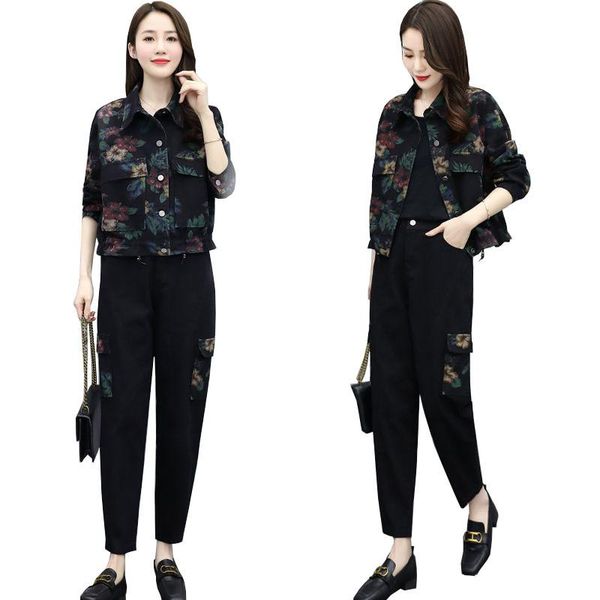 

women's two piece pants 2021 female spring 2-piece set printing coat+denim women denim plus size c744, White