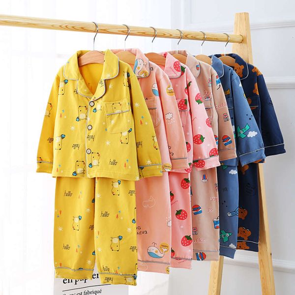 

children's autumn winter new men's and women's long sleeve home clothes baby cotton lapel pajamas suit, Blue;red