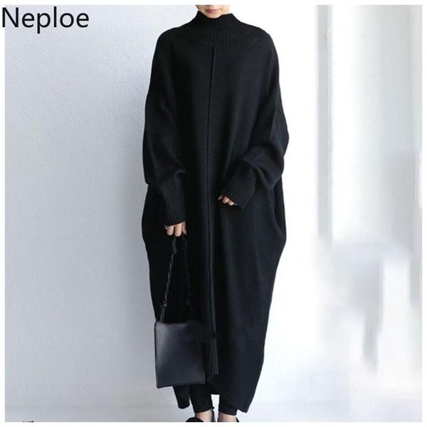 

neploe knitted maxi dress women autumn winter clothes turtleneck temperament vestidos loose solid color elegant dresses female, Black;gray