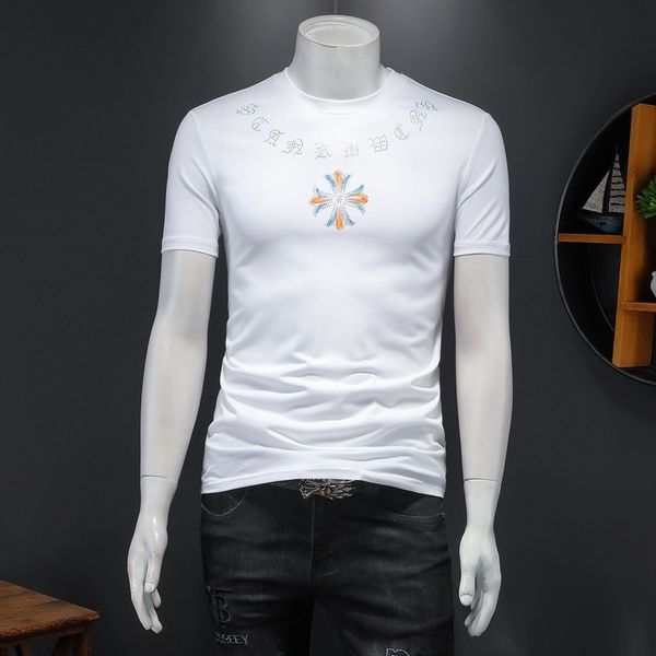 

crosin summer new fashion slim korean men's personalized design heavy craft round neck short sleeve t-shirt brand 5olp, White