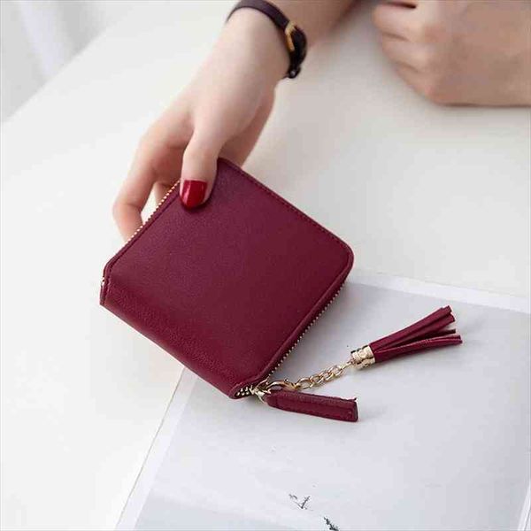 

women tassel small wallets ladies pu leather purse short coin bag clutch womens zipper card holder money simple wallet, Red;black