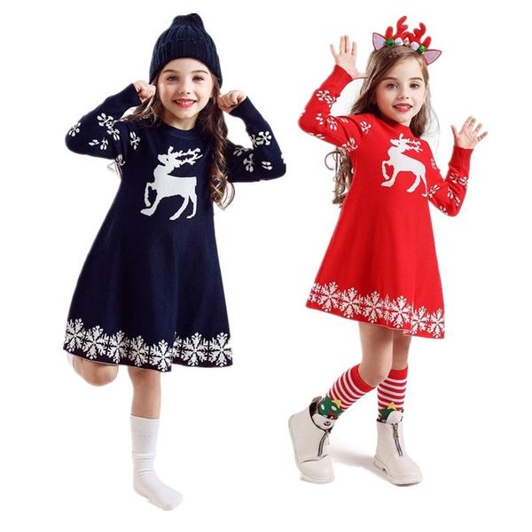 

girl's dresses long sleeve reindeer dress kid christmas knitting years party costume children clothes for 3 6 8 yrs girls vestidos, Red;yellow