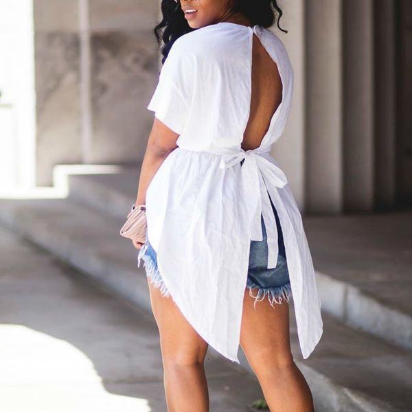 

2021 women blouses back slit with sashes bowtie irregular length shirt short sleeves casual fashion white black new female 3ejv