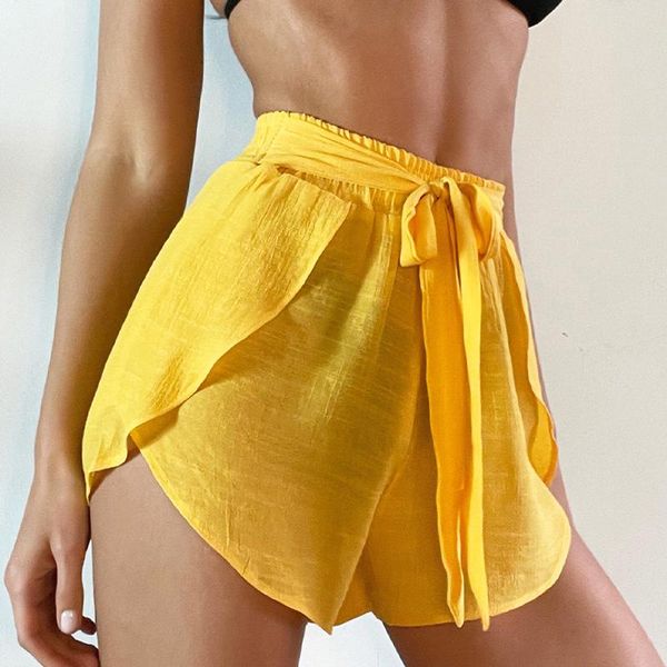 

women's swimwear high waist short pants solid and beachwear yellow cover-ups bathing suit sport mesh beach wear biquini, White;black