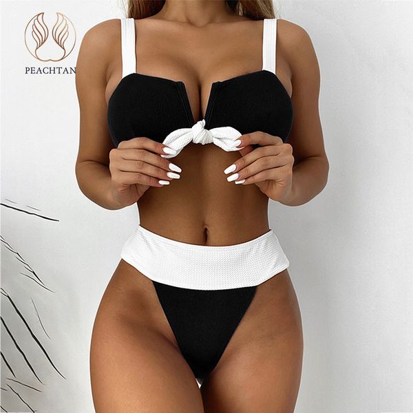 

pechtn v-neck bikinis 2021 mujer high wist swimwer femle ptchwork swimsuit women bndeu 2 pieces set bthing suit, White;black