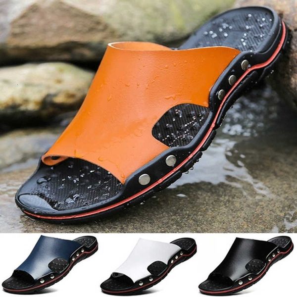 

summer fashion shoes new 2021 big size 44 men leather luxury slippers beach random sandals, Black