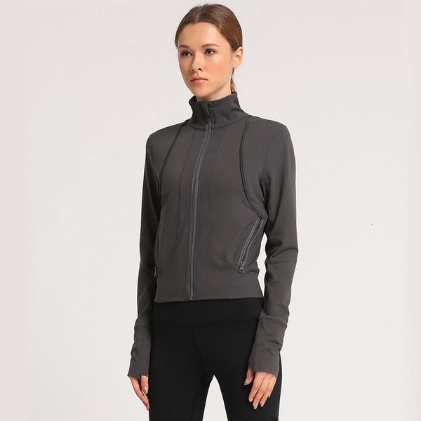 

black running jacket sports women gym yoga workout crop clothing outdoor fitness jogging with zipper pocket long sleeve, Black;red