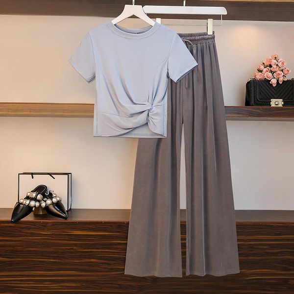 

large size women two piece set 2021 summer new style dresy damskie pure color pullover casual wide leg pants t shirt suit, White