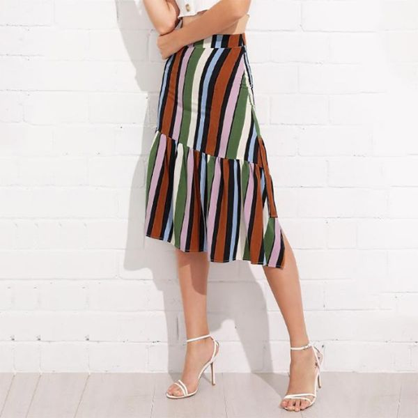 

skirts 2021 irregular women striped multicolor printing folds ruffle knee length slim skirt for ladies faldas mujer moda, Black