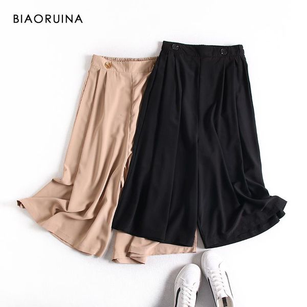 

women's pants & capris biaoruina korean style elastic high waist loose wide leg calf length chiffon solid color casual trousers, Black;white