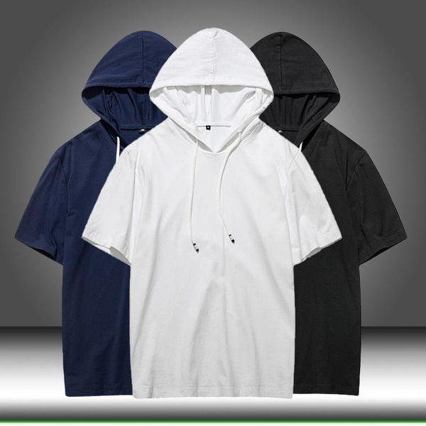 

2021 summer men tshirt casual solid loose hooded tees shirts male new sportswear hoodie short sleeve mens t-shirt clothing, White;black