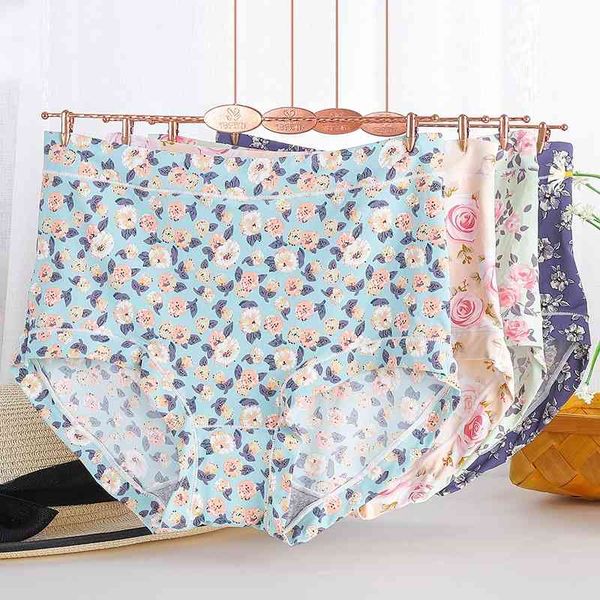 

new traceless printed ice silk underwear high waist large size comfortable and breathable cotton crotch floral women's triangle, Black;white