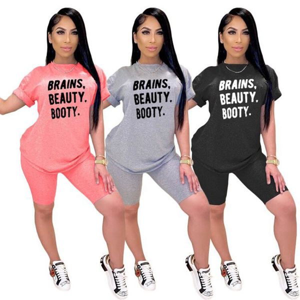 

2021 new letter printed round neck t-shirt shorts women's suit summer european and american street fashion two piece set ulkp, Gray