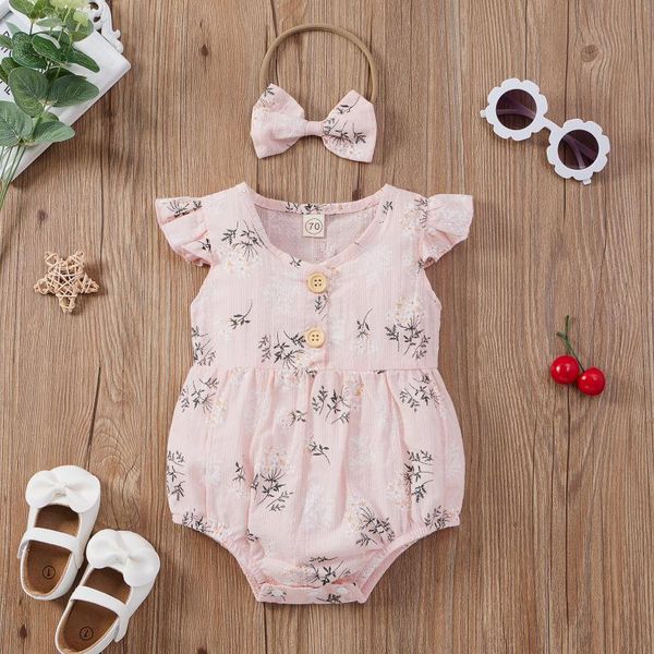 

rompers summer baby girls ruffles lovely infant kids floral cotton casual fleeve jumpsuit+headband playsuits 2pcs outwear, Blue