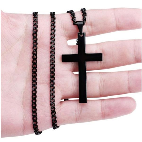 

pendant necklaces christian jesus cross stainless steel gold long chain collar choker men women's fashion jewelry brithday gift, Silver
