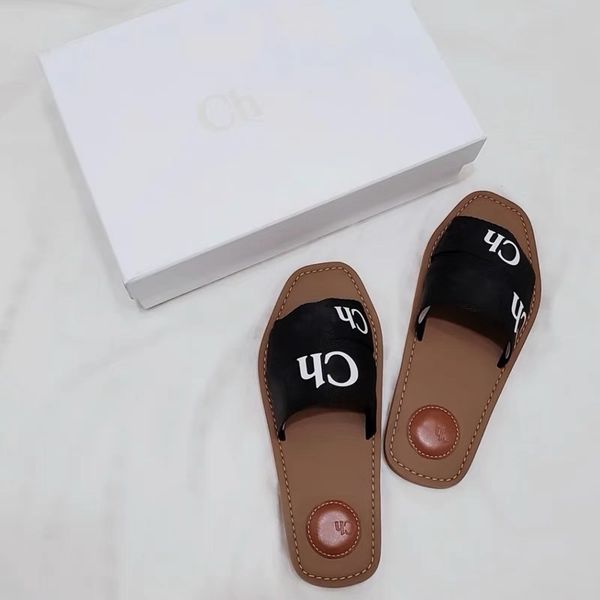

2022 branded womens woody mules fflat slipper deisgner lady lettering fabric outdoor leather sole slides sandal with box, Black