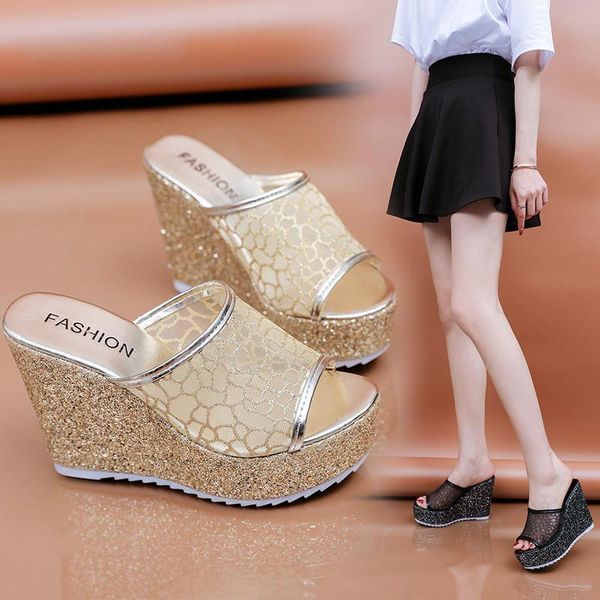 

2021 new fashion gold women summer slippers platform shoes (4cm) out room 11cm high heels wedges solid mesh woman slides, Black