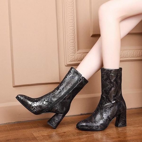 

boots 2021 winter fish-scale grain women's fashion upper boot side zipper high heel warm cotton, Black