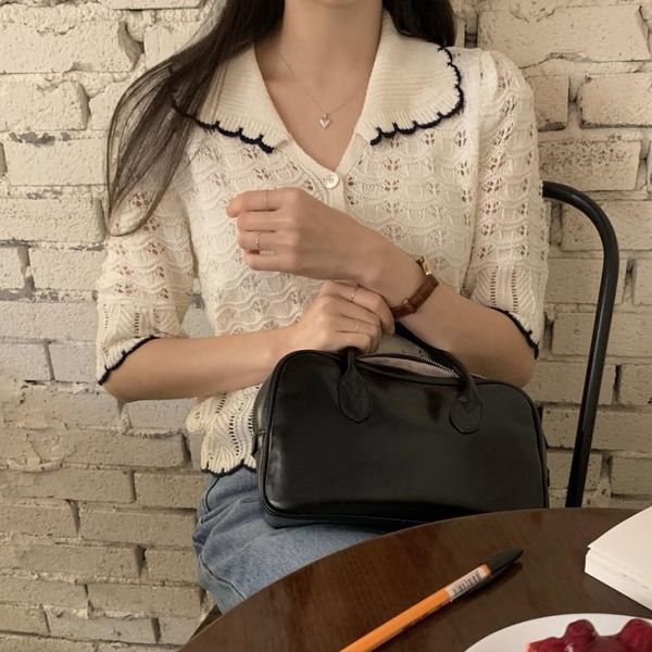 

women's sweaters fashion knitted short-sleeved t-shirt 2021 spring/summer product exquisite hollow lapel thin knit cardigan, White;black