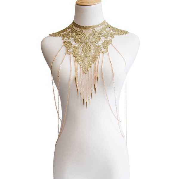 

european and american new gothic women's necklace lace false collar metal body chain selling well, Silver