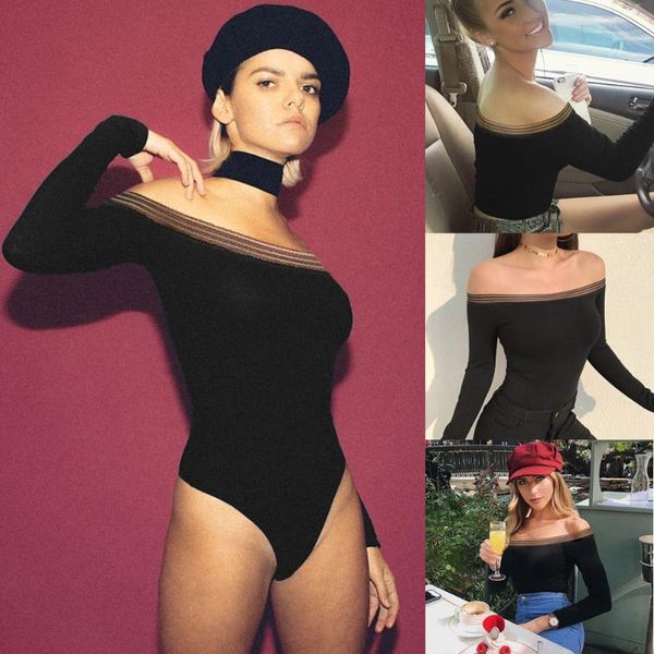 

body mechanics clothing brand est fashion ladies womens off shoulder long sleeve plain stretch bardot bodysuit leotard clothes cotton, Black