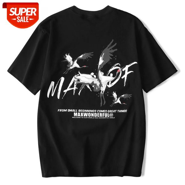 

flying crane printed t shirt men 2020 fashion harajuku tshirt loose short sleeve streetwear casual cotton oversized #8189, White;black