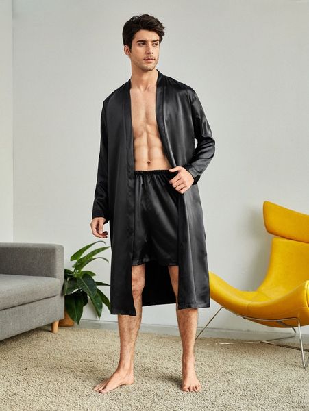 

men satin belted robe and shorts set k37w#, Black;brown