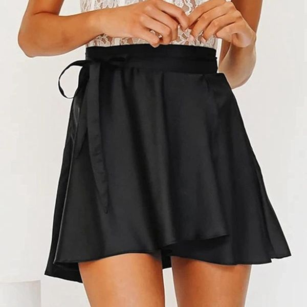 

skirts women summer high waist lace-up loose casual chiffon satin mini skirt solid color fashion short, Black