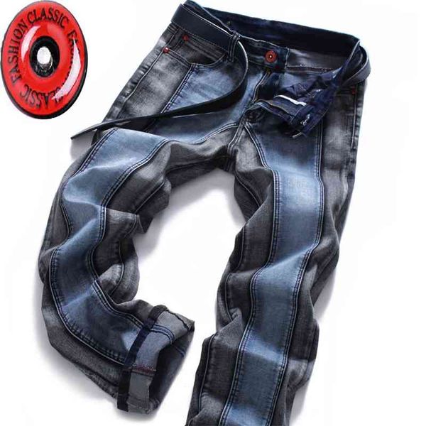 

winter color block men's jeans pants slim straight fashion brands rock elastic designer jeans for men 210622, Blue
