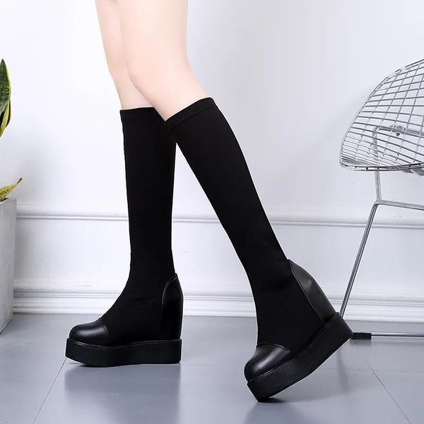 

boots long sock for female women shoes 2021 fashion autumn wedges high heels platform plush warm stretch knee length, Black