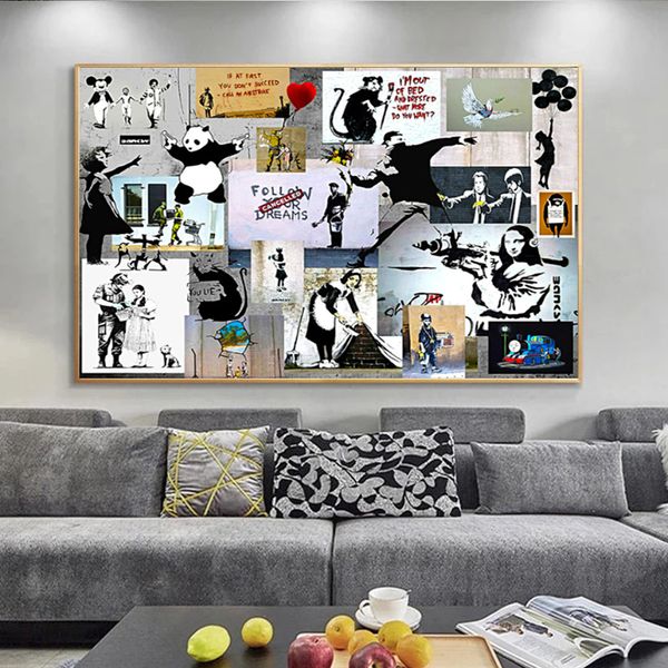 

banksy graffiti collage art pop canvas painting posters and prints cuadros wall art for living room home decor