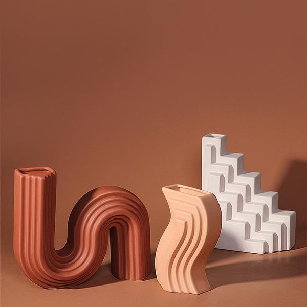

geometric line architectural ceramic vase modern minimalist decoration flower holder ornament dining table irregular craft vases