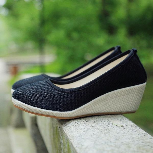 

sandals handmade women plain linen cotton wedge espadrilles vintage solid color ladies high heel slip on platforms pumps shoes, Black
