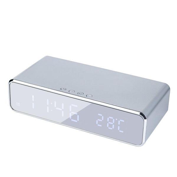 Despertador elétrico do diodo emissor de luz com o carregador sem fio do telefone Desktop Thermometer Digital Relógio HD Relógio de espelho com o tempo