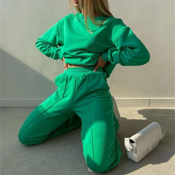

women's two piece pants women green sports suit long sleeve round neck loose sweatshirt elastic wide leg two-piece fashion pink, White