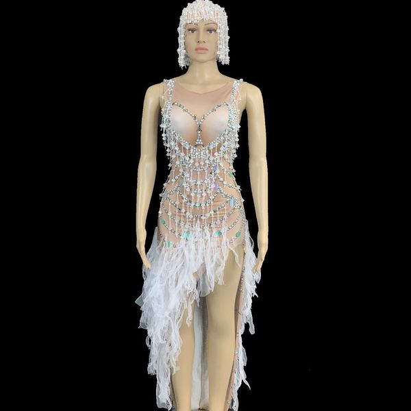 

casual dresses fashion beaded fringes sequined bodycon dress women party birthday slit rhinestone stage wear headdress dance costume, Black;gray