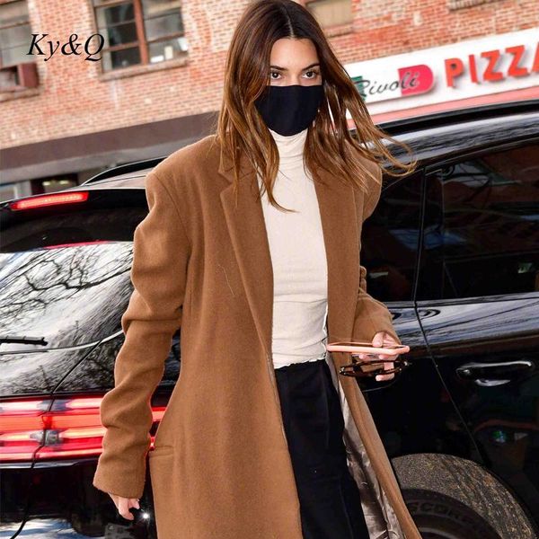 

women's wool & blends 2021 autumn winter camel color long coats lady chic elegant gentle temperament outwear sleeved woolen overcoat, Black