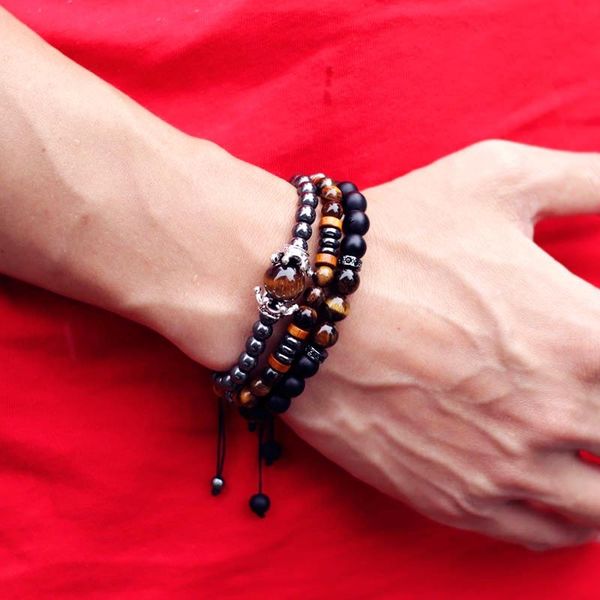 

charm bracelets 3pcs/set natural tiger eyes hematite stone bracelet men braided adjustable braslet homme black zirconia braclet wood brazale, Golden;silver