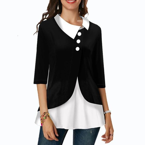 

patchwork blouse shirt female tunic turn down collar three quarter cotton womens and blouses long sleeve button irregular blusas, White