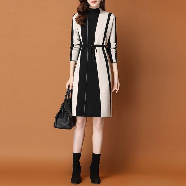 

autumn winter fashion turtleneck thick sweater dresses female casual knitted pullover dress women long sleeve mini dress, Black;gray